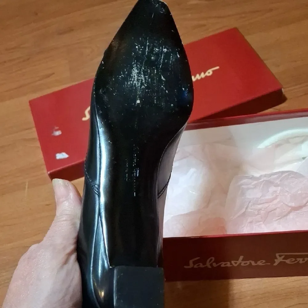 Salvatore Ferragamo Black Leather Heels with Gold Accent